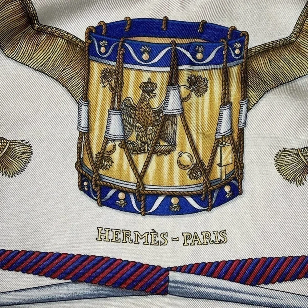 Hermès Les Tambours 100% Silk Scarf. Blue - Picture 9 of 13